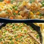 Fried rice with steamed white rice, egg, chicken and mixed vegetables