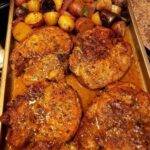 Sheet pan pork chops with multi colored potatoes & red onion !
